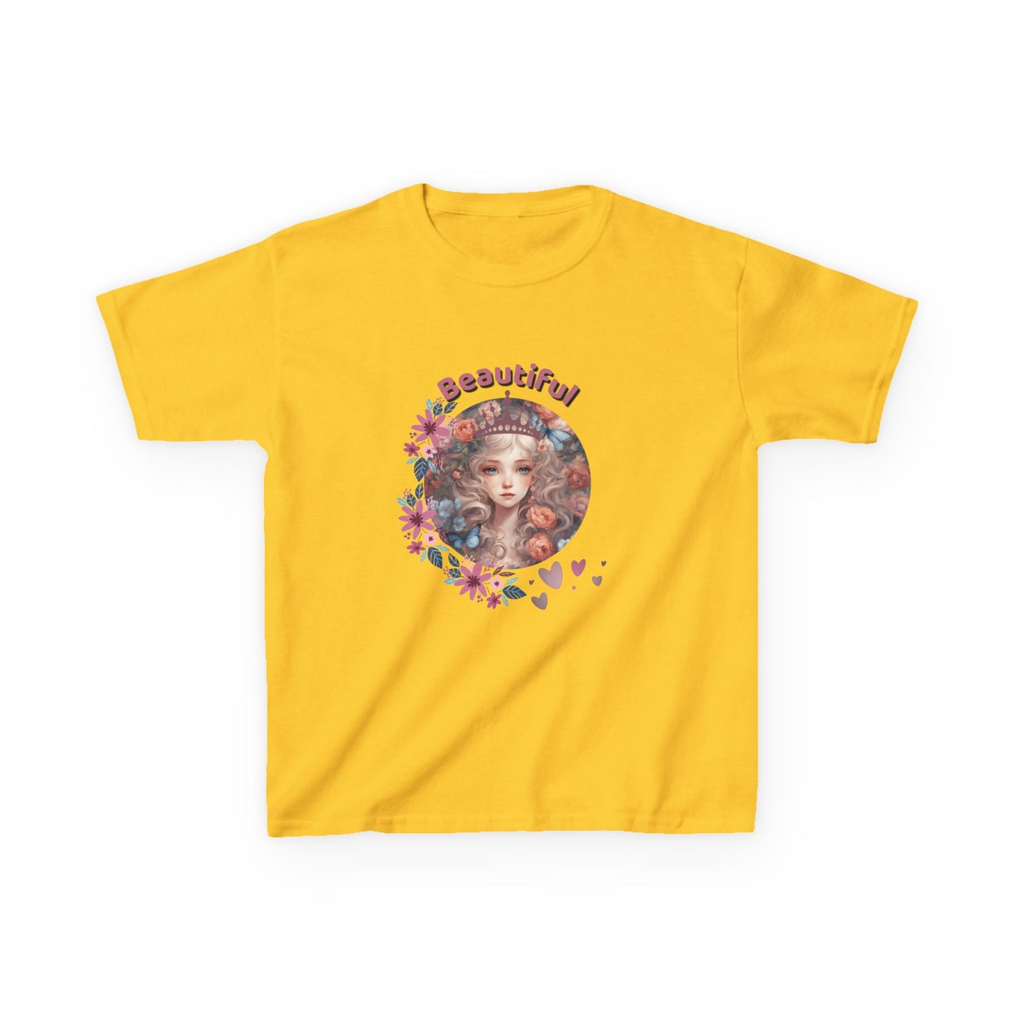 Yellow t-shirt with a colorful graphic and the word 'Beautiful' on a white background