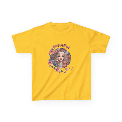 Yellow t-shirt with a colorful graphic and the word 'Beautiful' on a white background