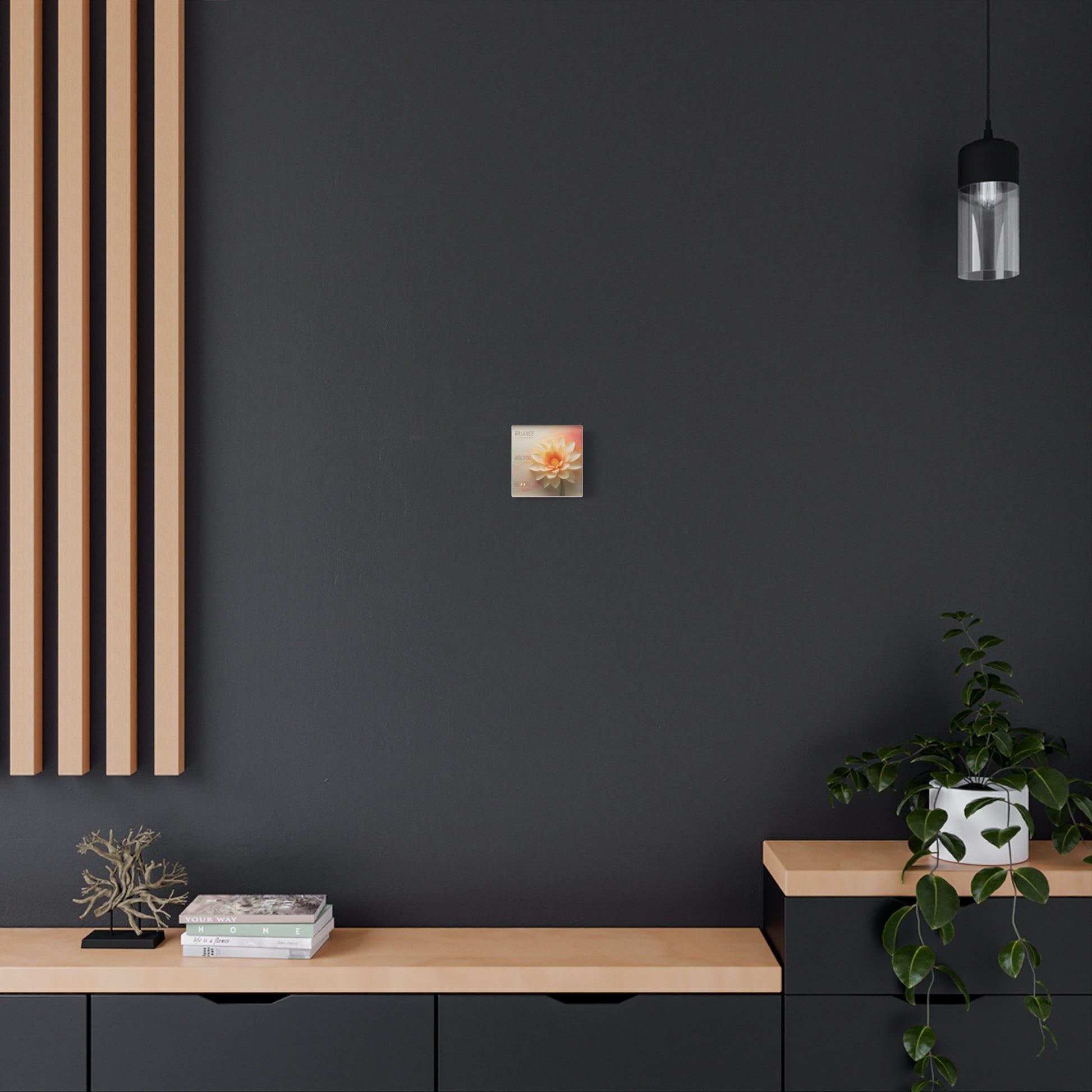 Modern interior with dark walls and wooden accents