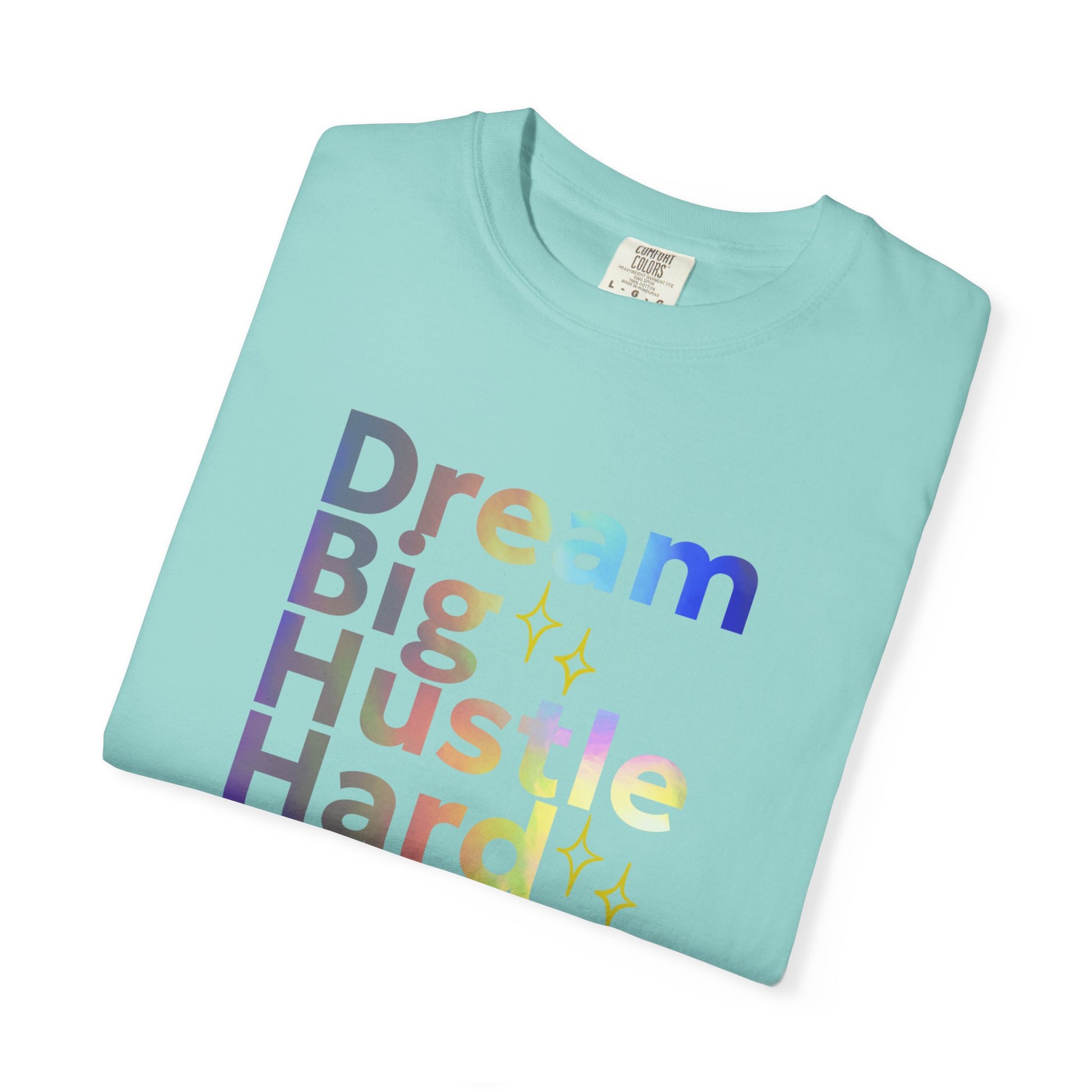Folded light chalky mint t-shirt with motivational text on a white background
