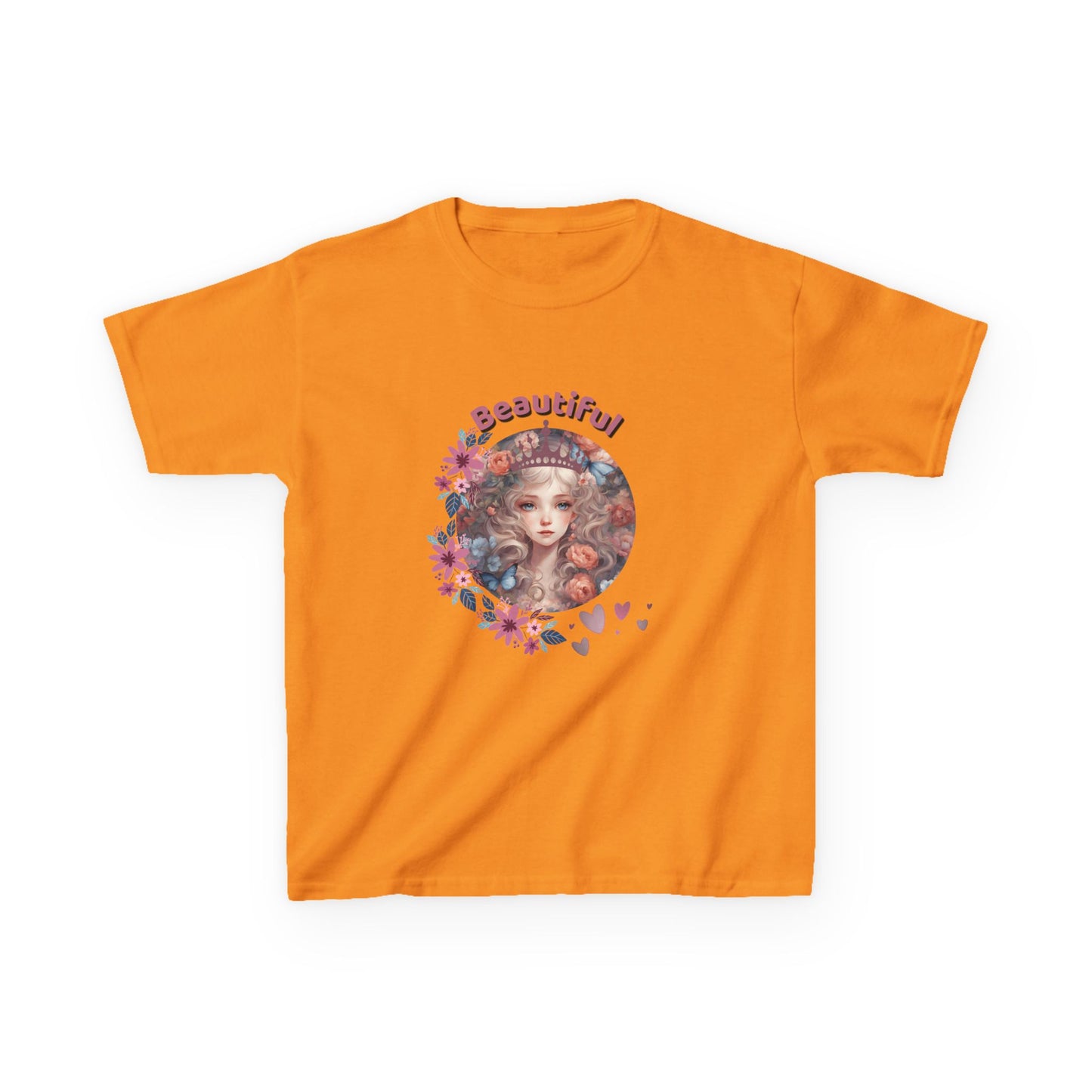 Orange t-shirt with a colorful graphic and the word 'Beautiful' on a white background
