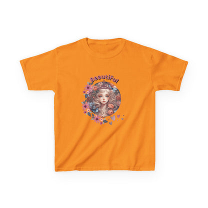 Orange t-shirt with a colorful graphic and the word 'Beautiful' on a white background