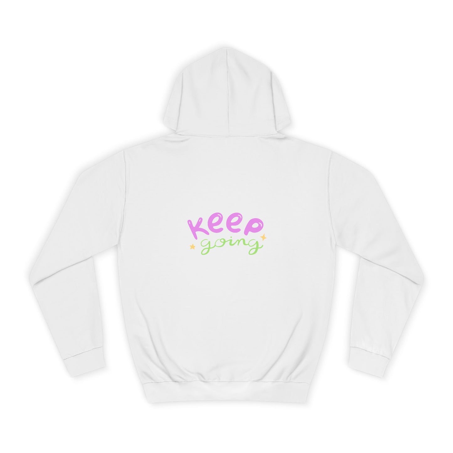 White hoodie with 'Keep going' text on a white background