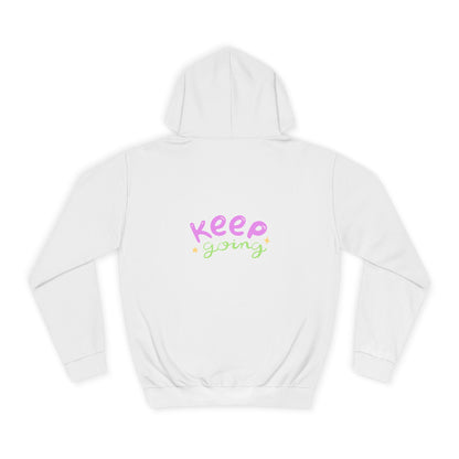 White hoodie with 'Keep going' text on a white background