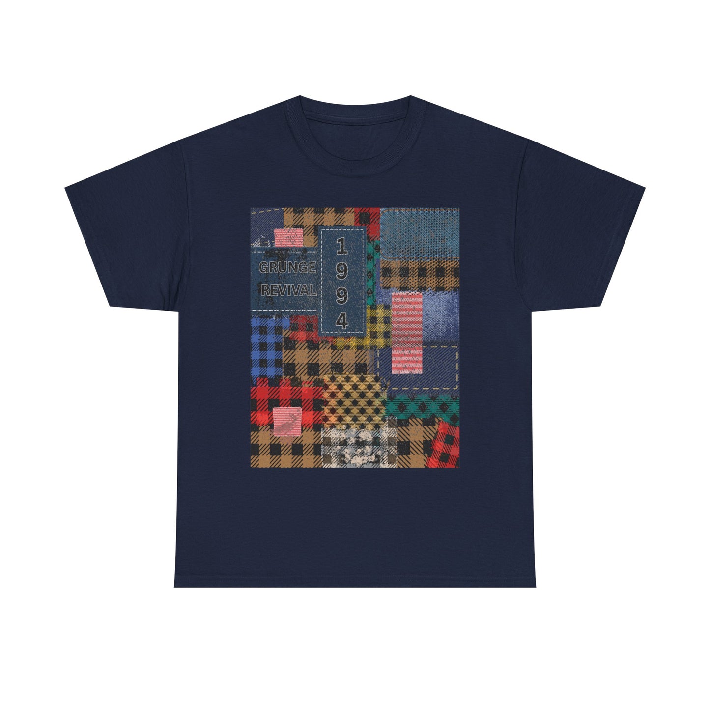 Navy blue t-shirt with a colorful patchwork design on a white background