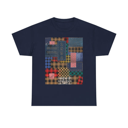 Navy blue t-shirt with a colorful patchwork design on a white background