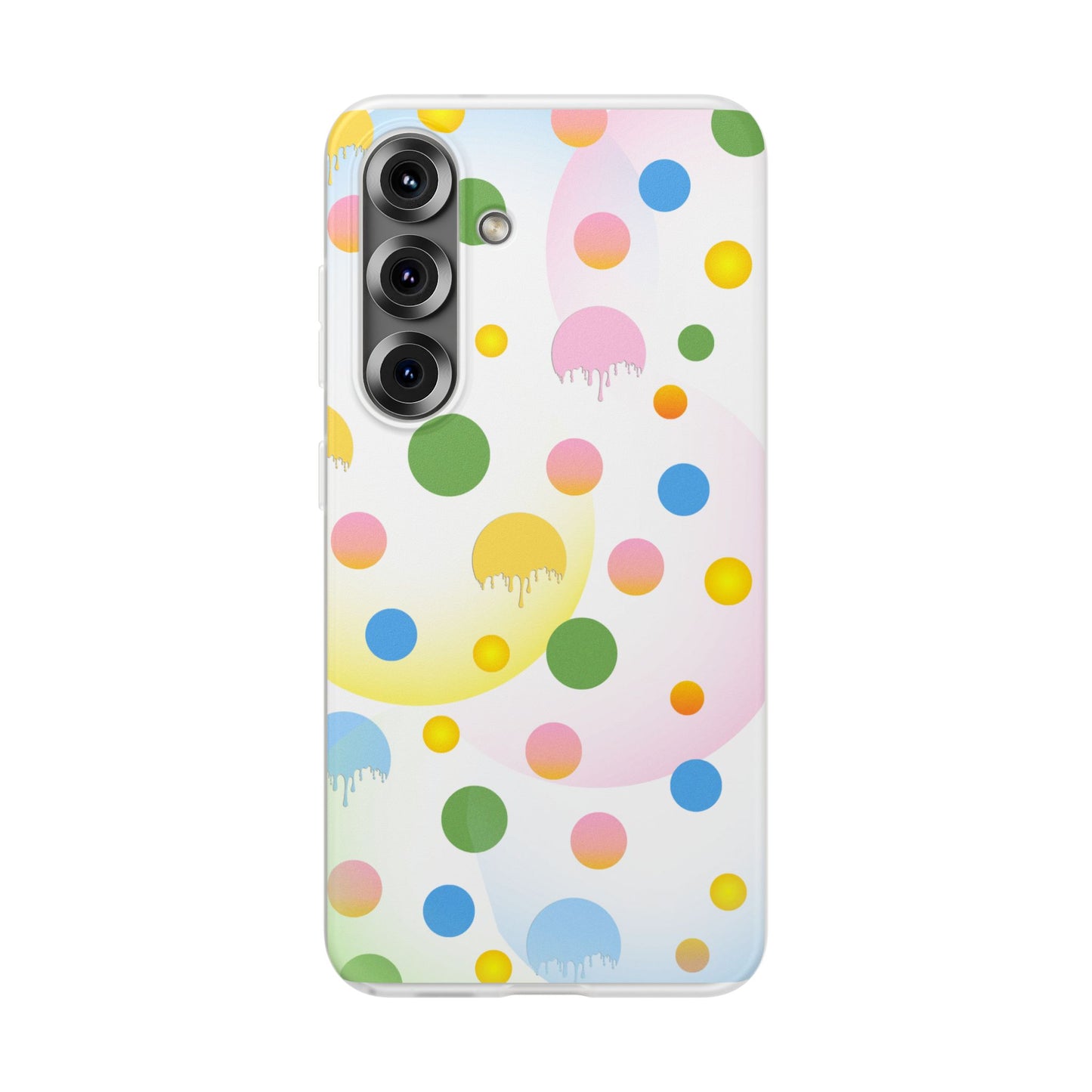 A semi-transparent matte finish mobile phone case with a multicolored dot pattern.