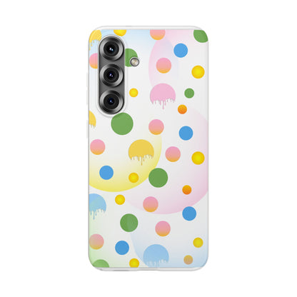 A semi-transparent matte finish mobile phone case with a multicolored dot pattern.