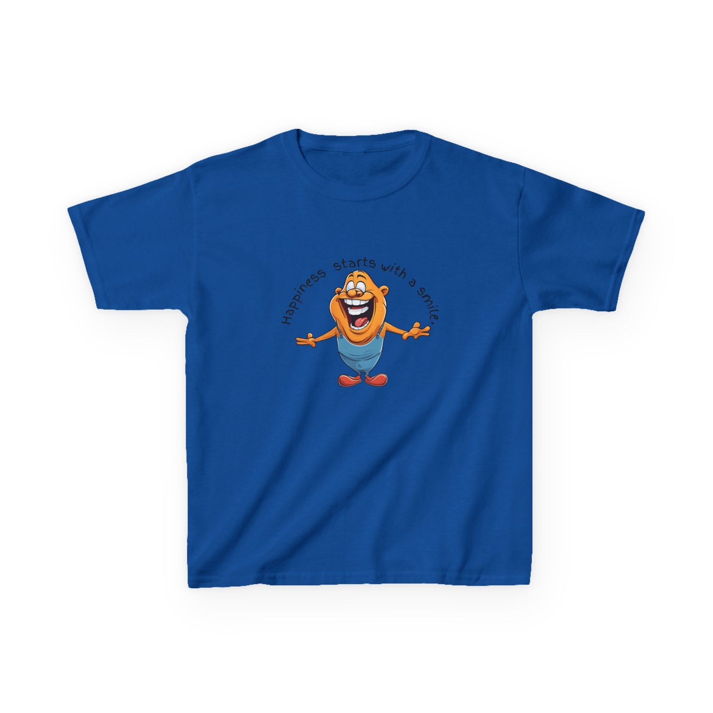 Kids cotton t-shirt with cute cartoon character and “Happiness Starts with a Smile” text