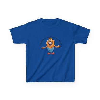 Kids cotton t-shirt with cute cartoon character and “Happiness Starts with a Smile” text