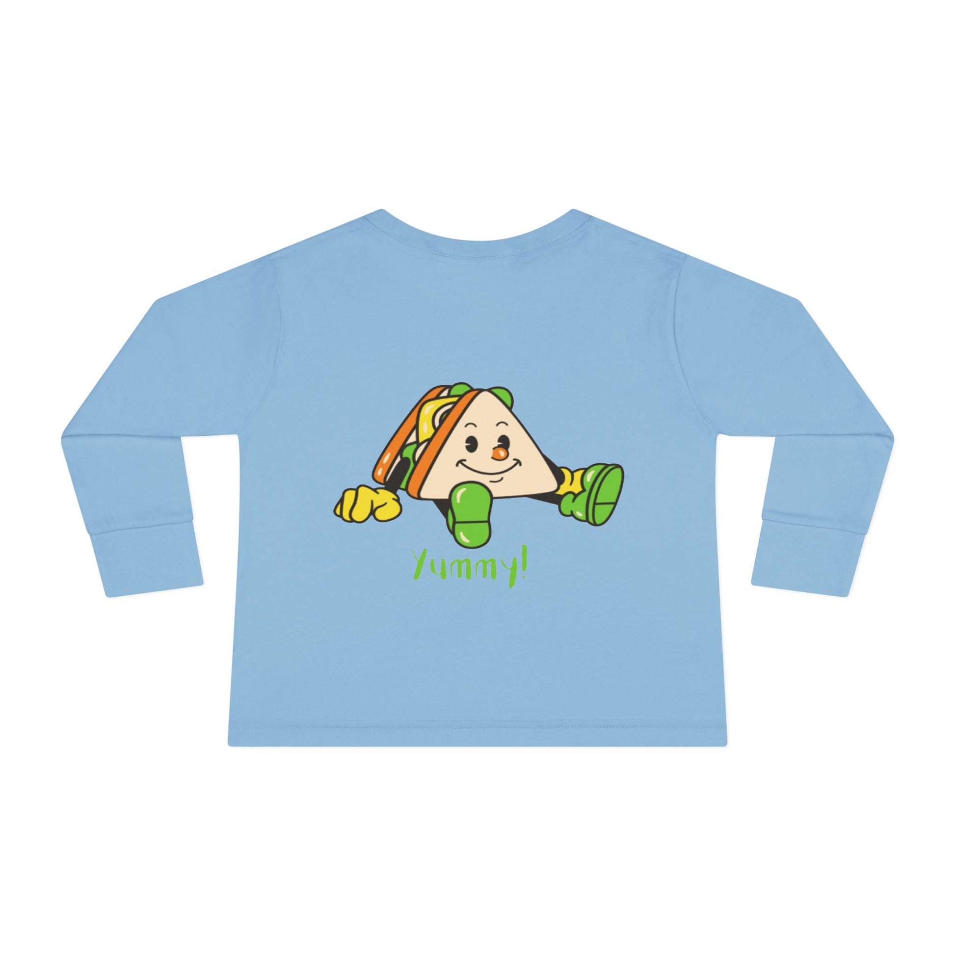 Light blue long-sleeve shirt with a cartoon taco design on a white background