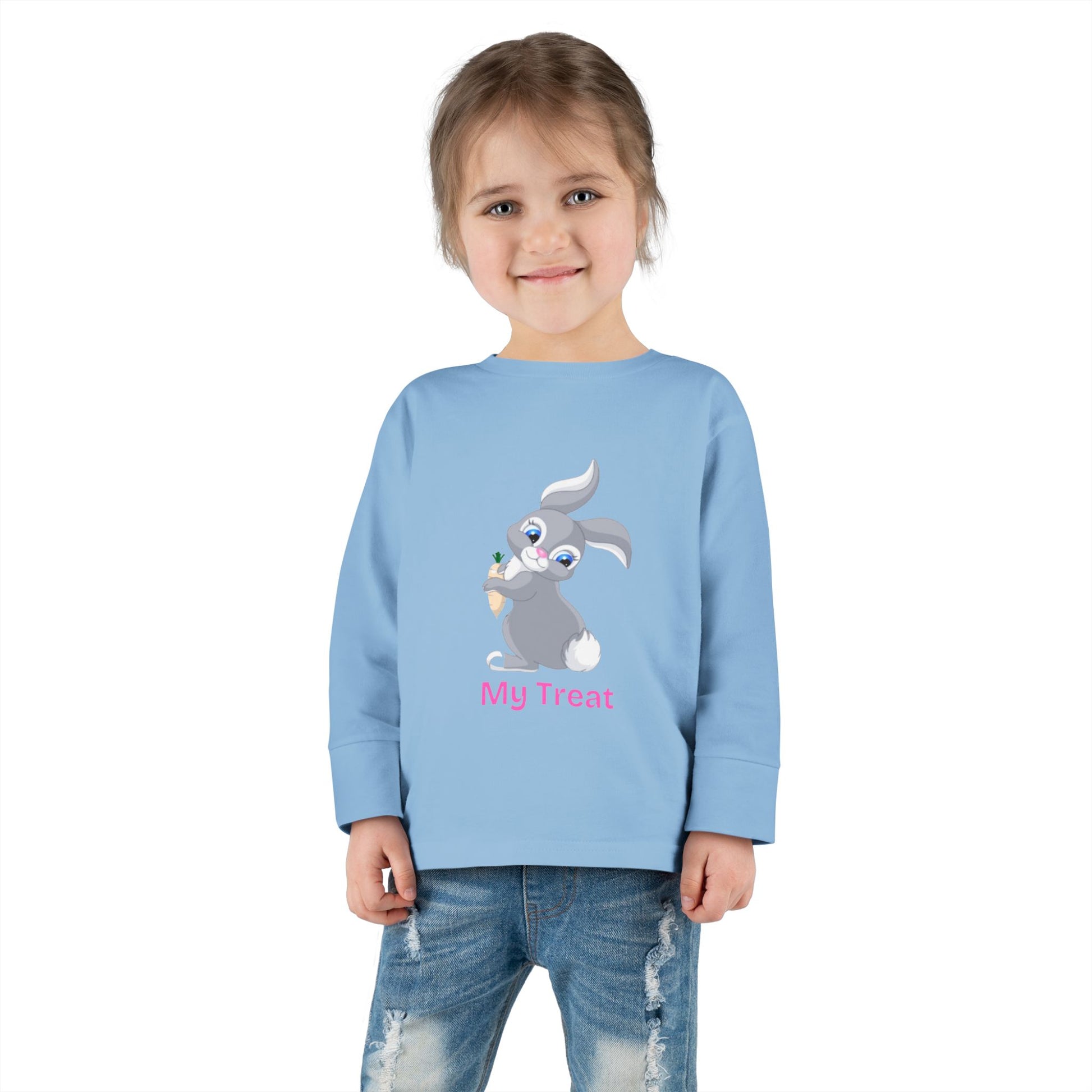 Child wearing a light blue sweatshirt with a cartoon bunny design on a white background