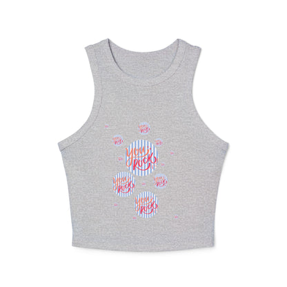 women's  micro rib racer back top with the phrase you rock printed in bold and stylish font on the front
