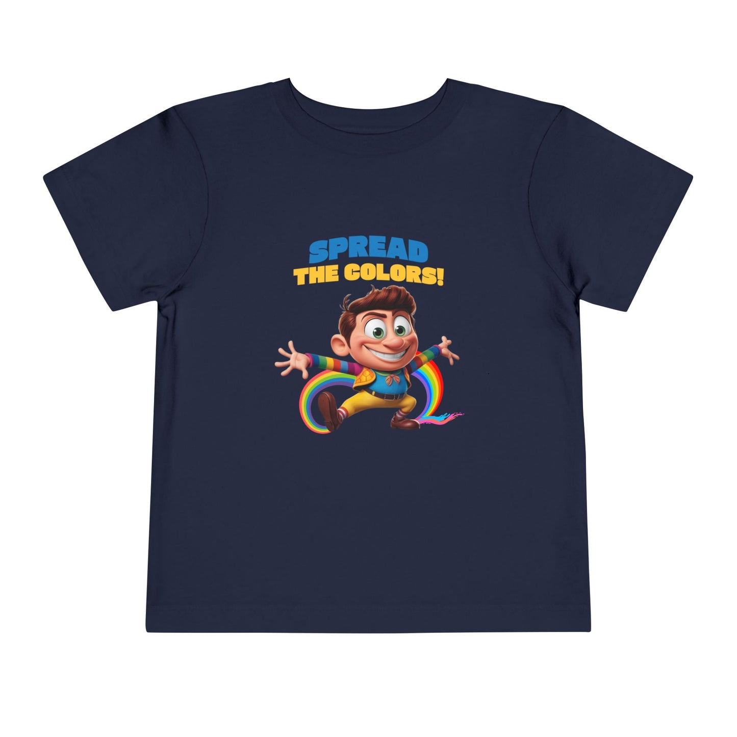 Cartoon boy jumping with rainbow trail and "Spread the Colors!" text on navy blue T-shirt.

