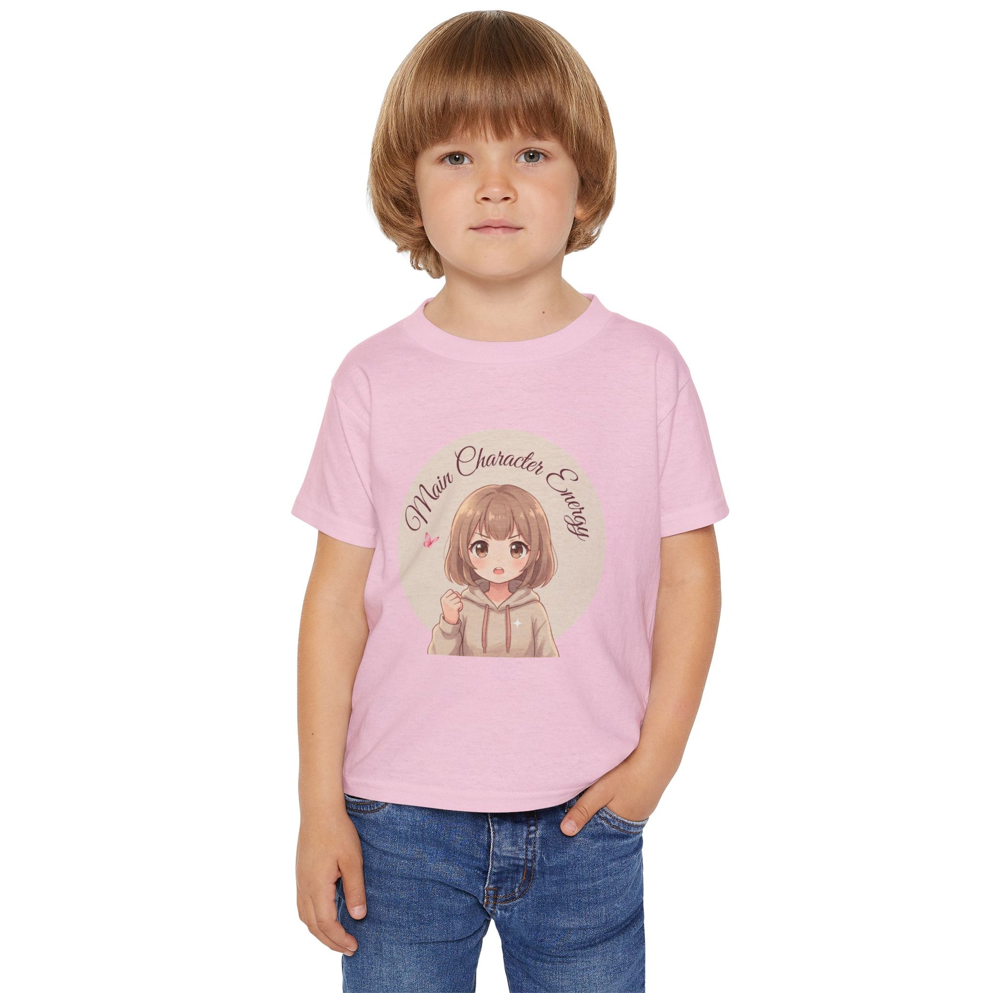 "Cute anime girl graphic baby t-shirt with text Main Character Energy, front view."