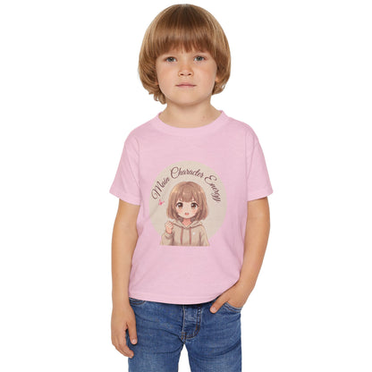 "Cute anime girl graphic baby t-shirt with text Main Character Energy, front view."