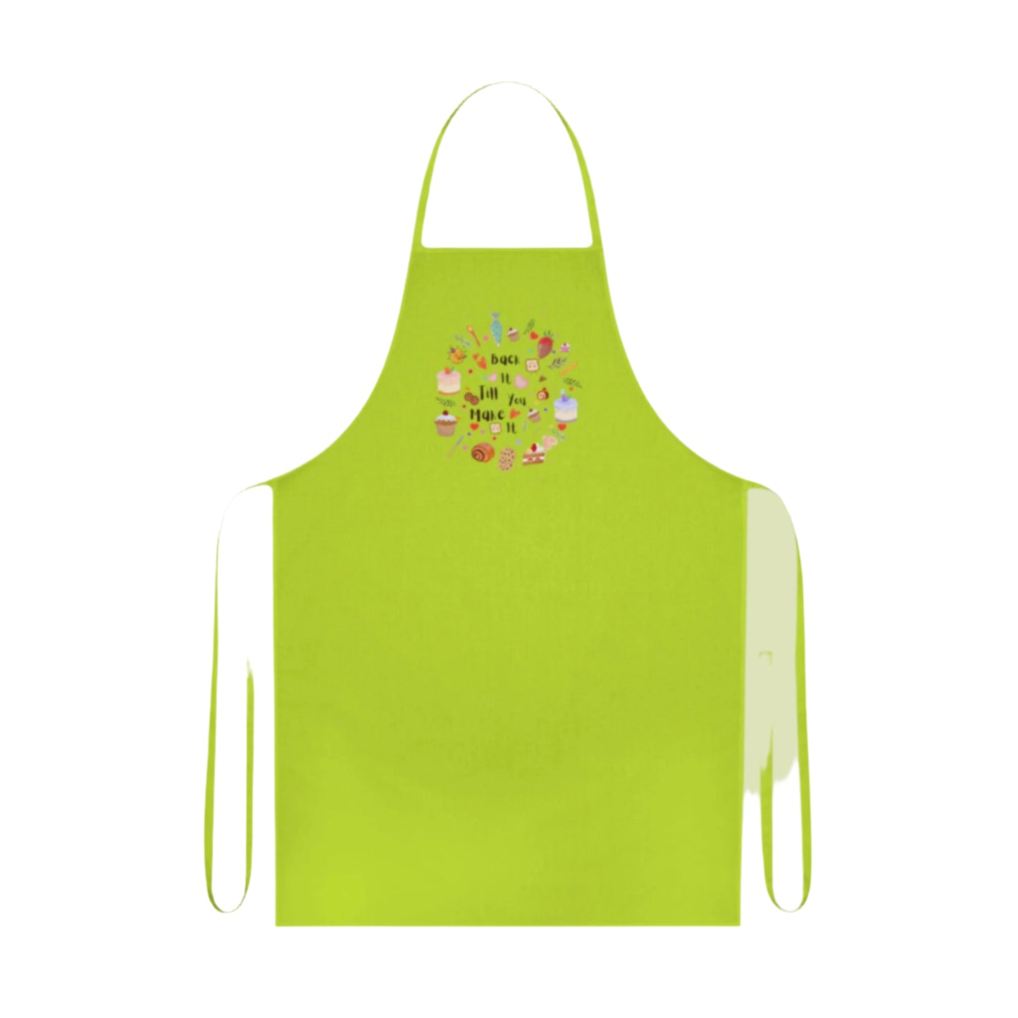 Cotton kitchen apron with "Bake it till you make it" text and circular illustrations of cake, biscuit, cone, and baking utensils.

