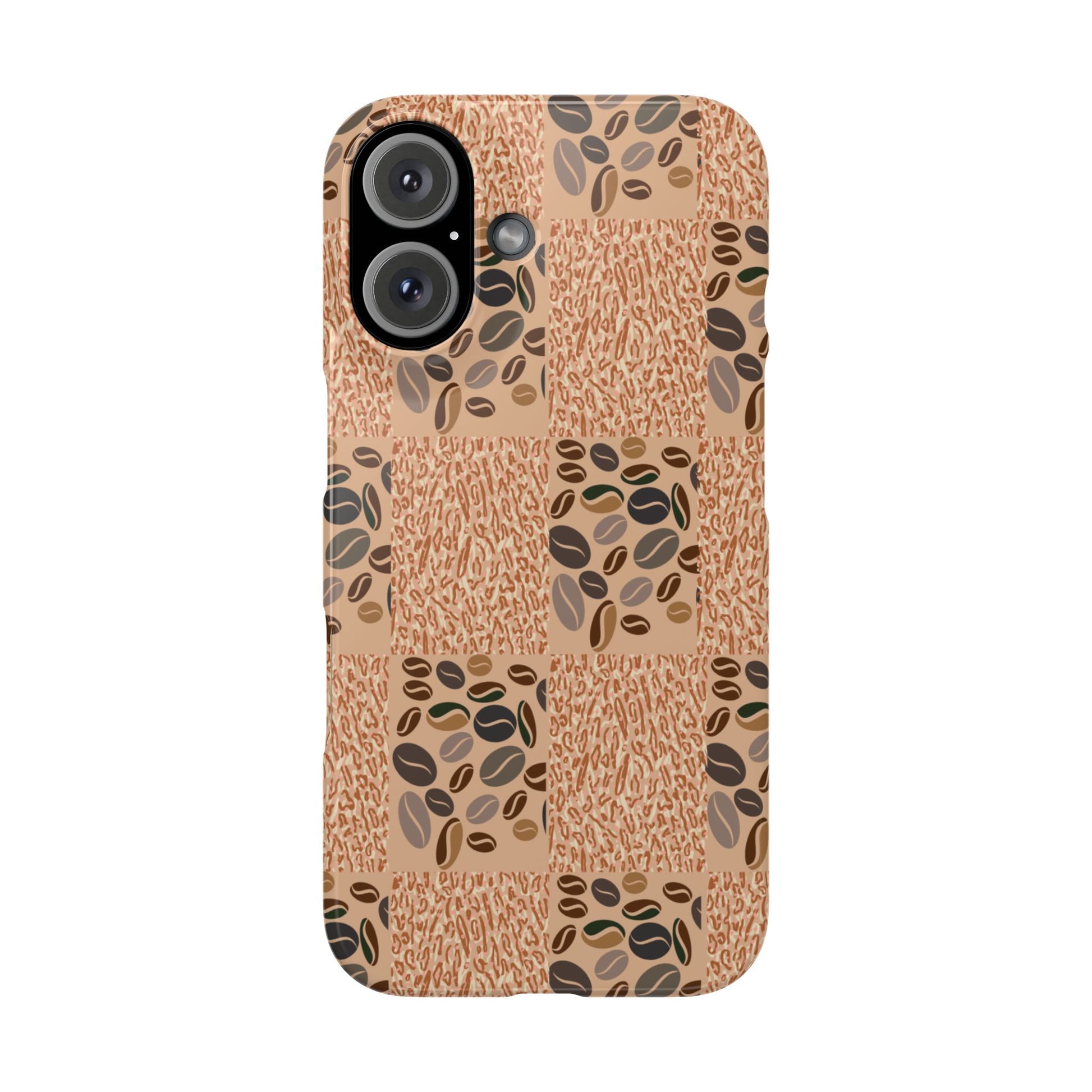 A mobile phone case with a geometric pattern featuring coffee beans on a beige background, designed for iPhone 14 series models.