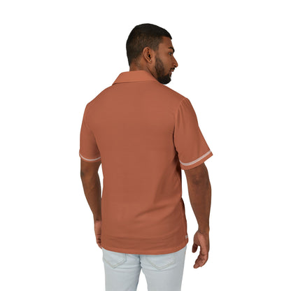 Man wearing a brown polo shirt on a white background