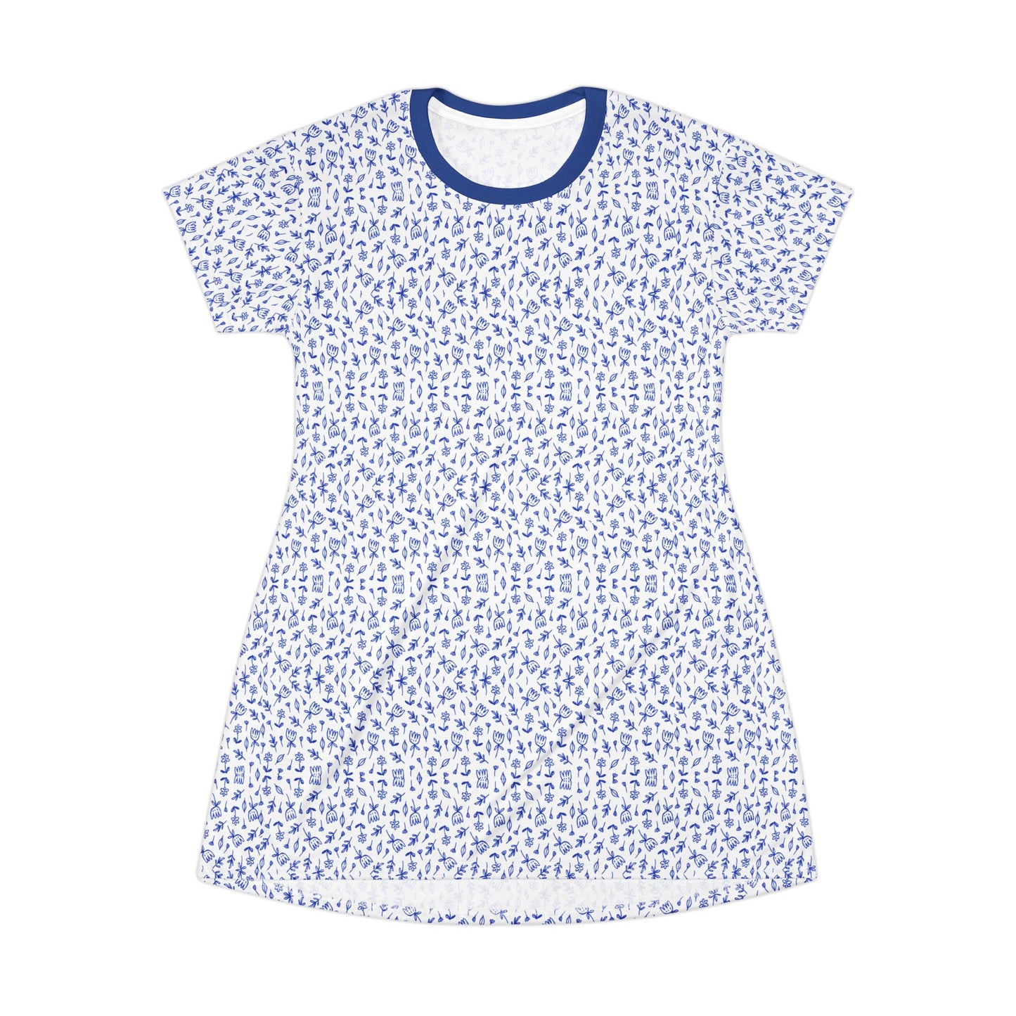 Woman wearing AOP printed t-shirt dress in casual pose

