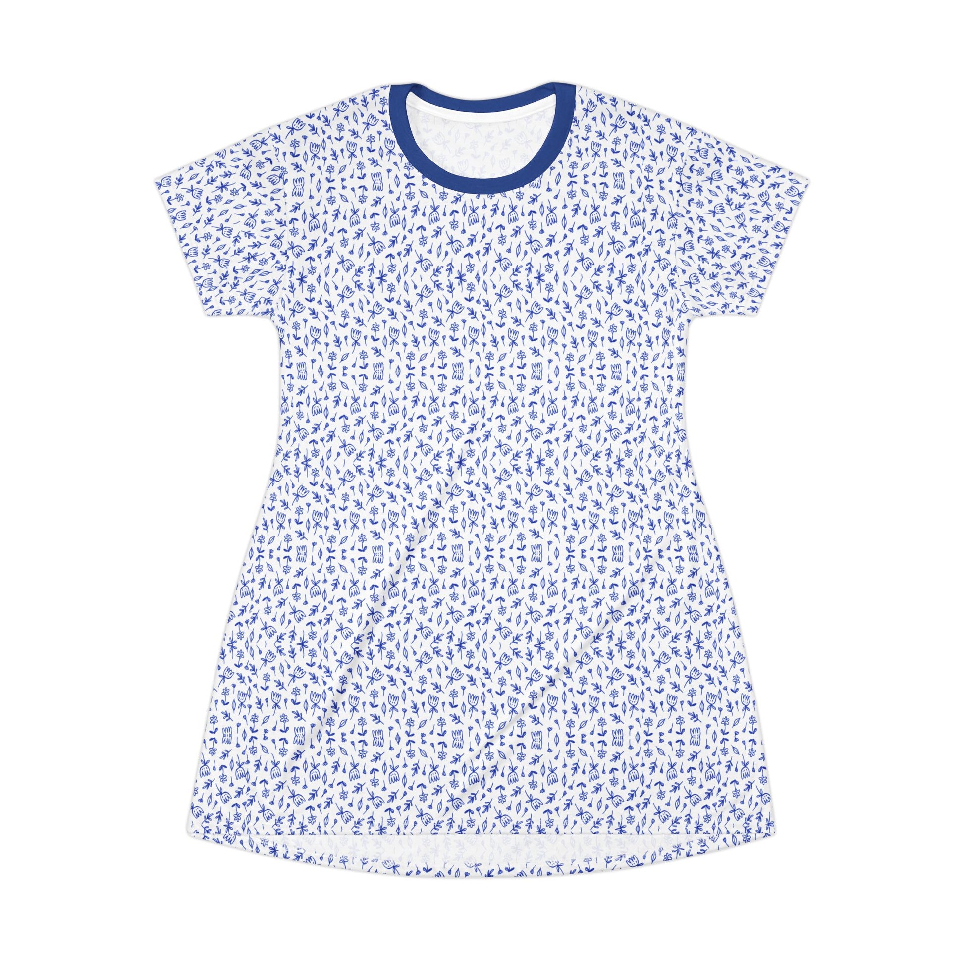 Woman wearing AOP printed t-shirt dress in casual pose

