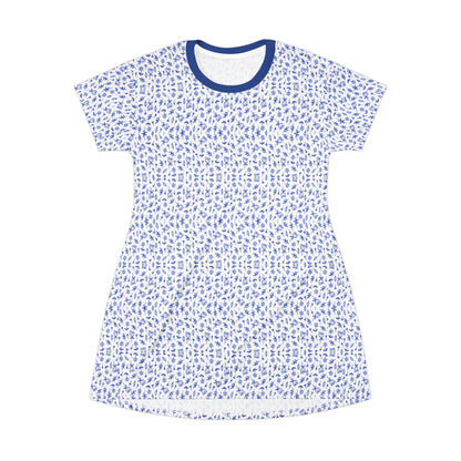 Woman wearing AOP printed t-shirt dress in casual pose

