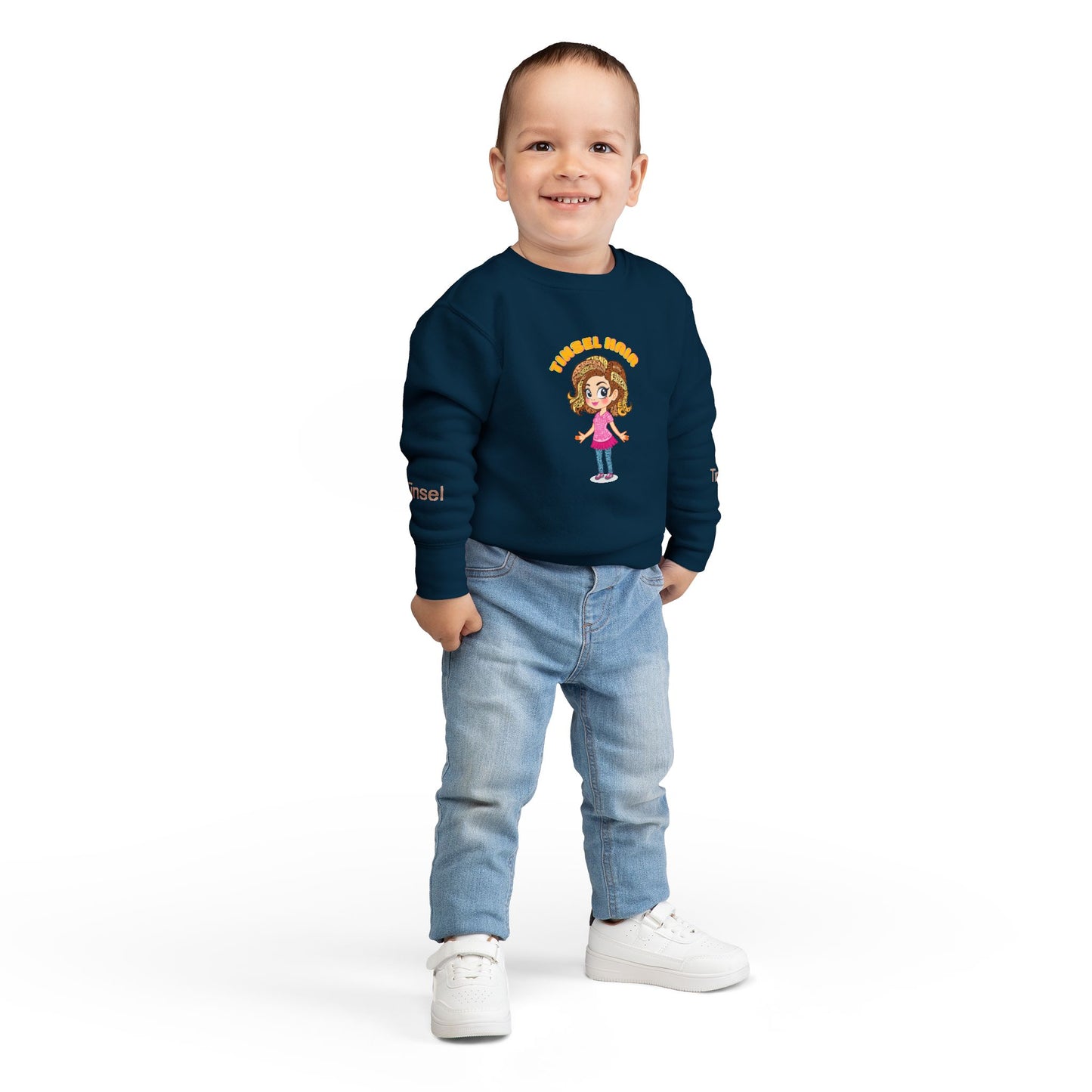 Child wearing a navy blue sweatshirt with a cartoon character on a white backgroun