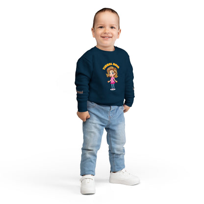 Child wearing a navy blue sweatshirt with a cartoon character on a white backgroun