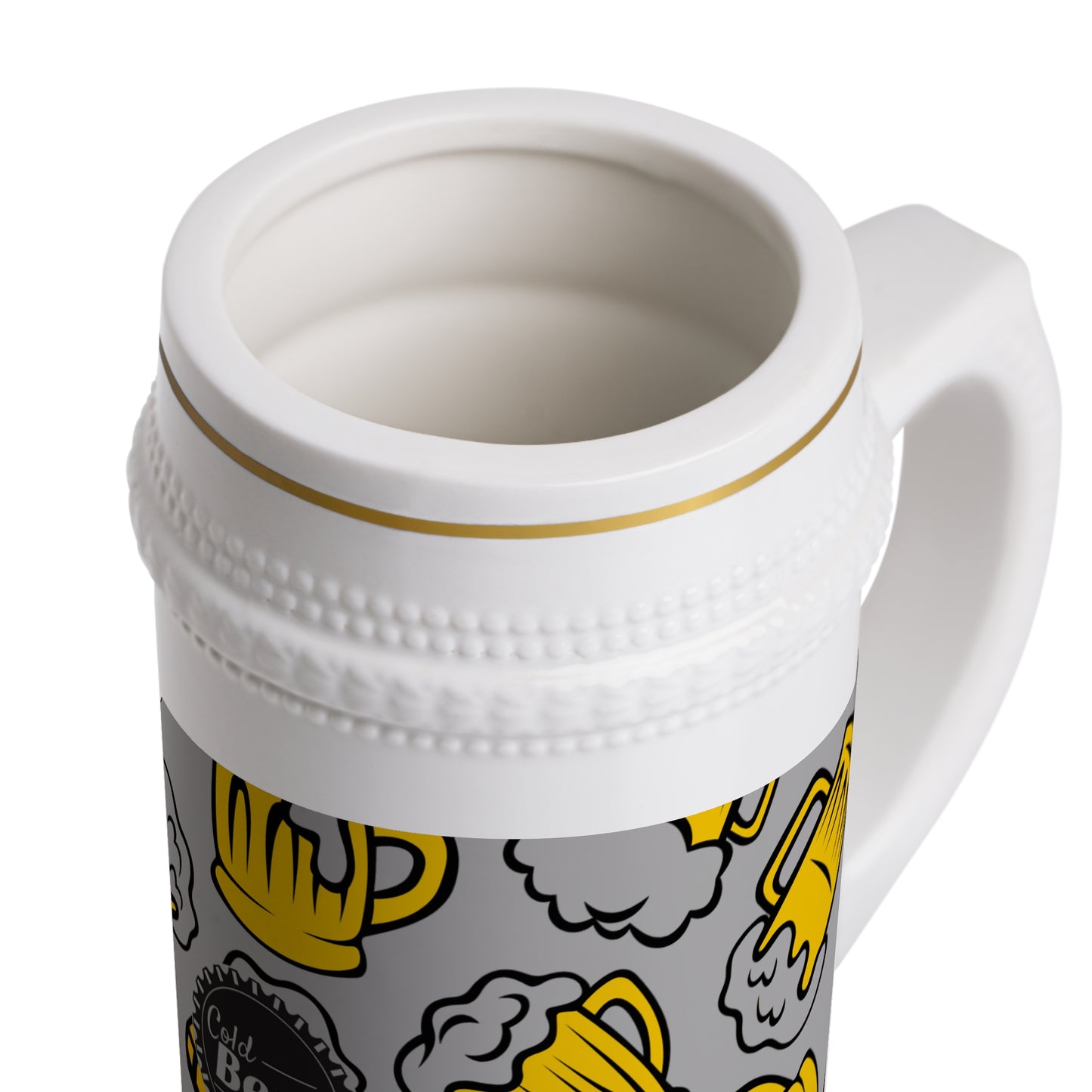 Ceramic beer stein with yellow beer mug illustrations and Cold Beer text in the center

