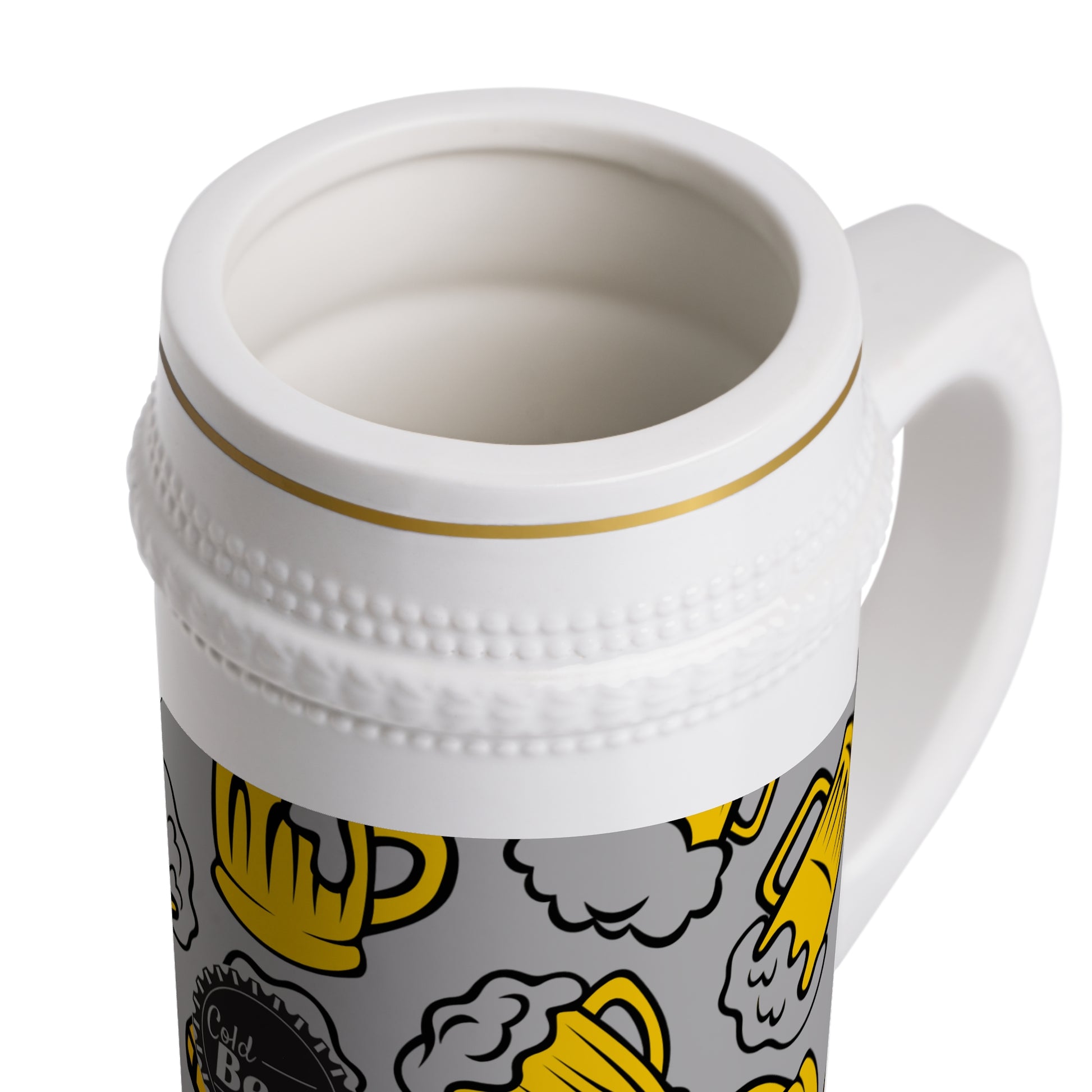 Ceramic beer stein with yellow beer mug illustrations and Cold Beer text in the center

