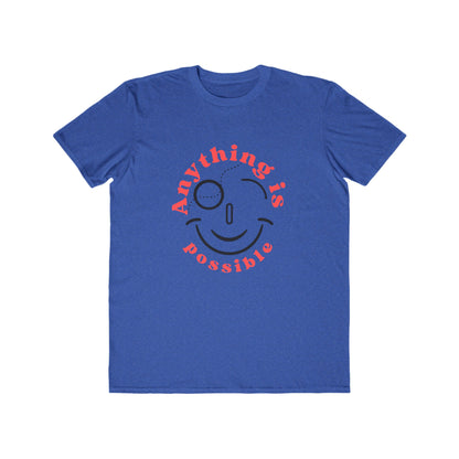 Blue t-shirt with a smiley face and 'Anything is possible' text on a white background