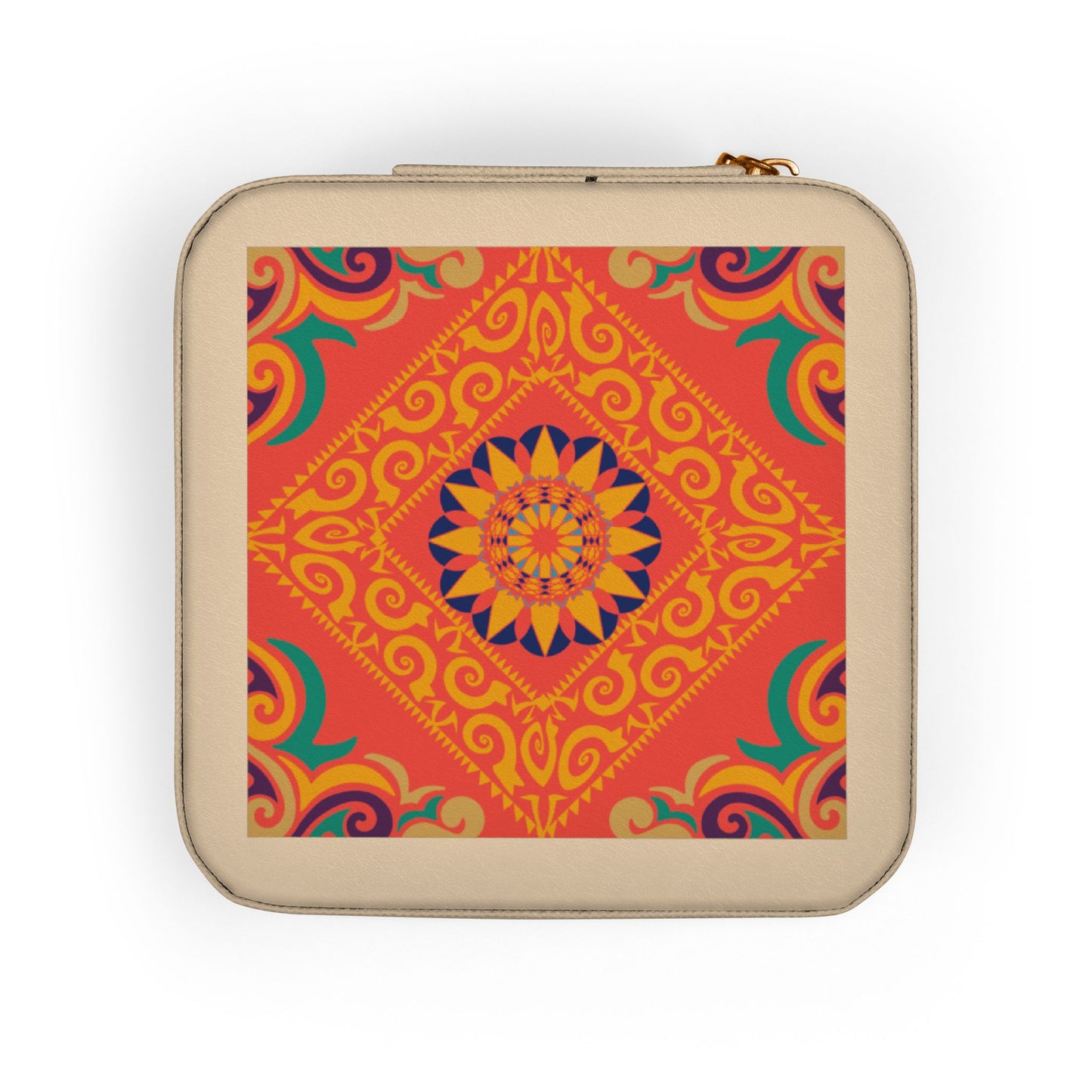 Hand holding a small square travel jewelry case with a colorful pattern on a white background