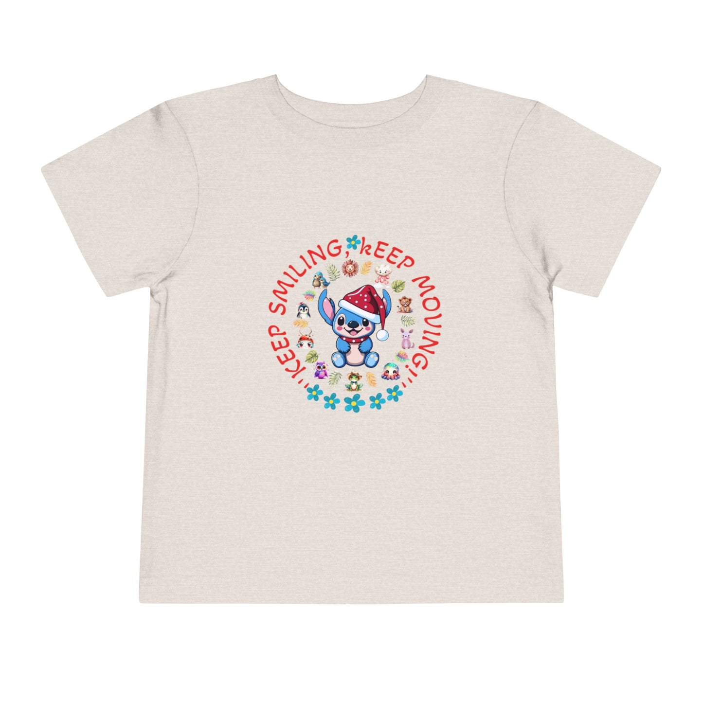 Toddler t-shirt with a cute dog illustration and motivational quote "Keep Smiling Keep Moving" printed in the center.