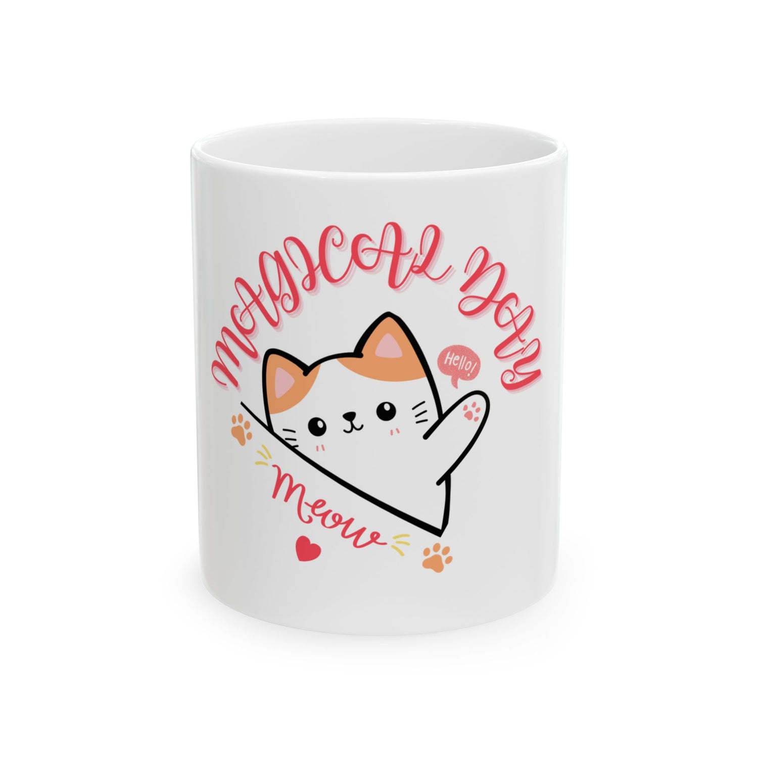 White mug with a cat illustration and text on a white background