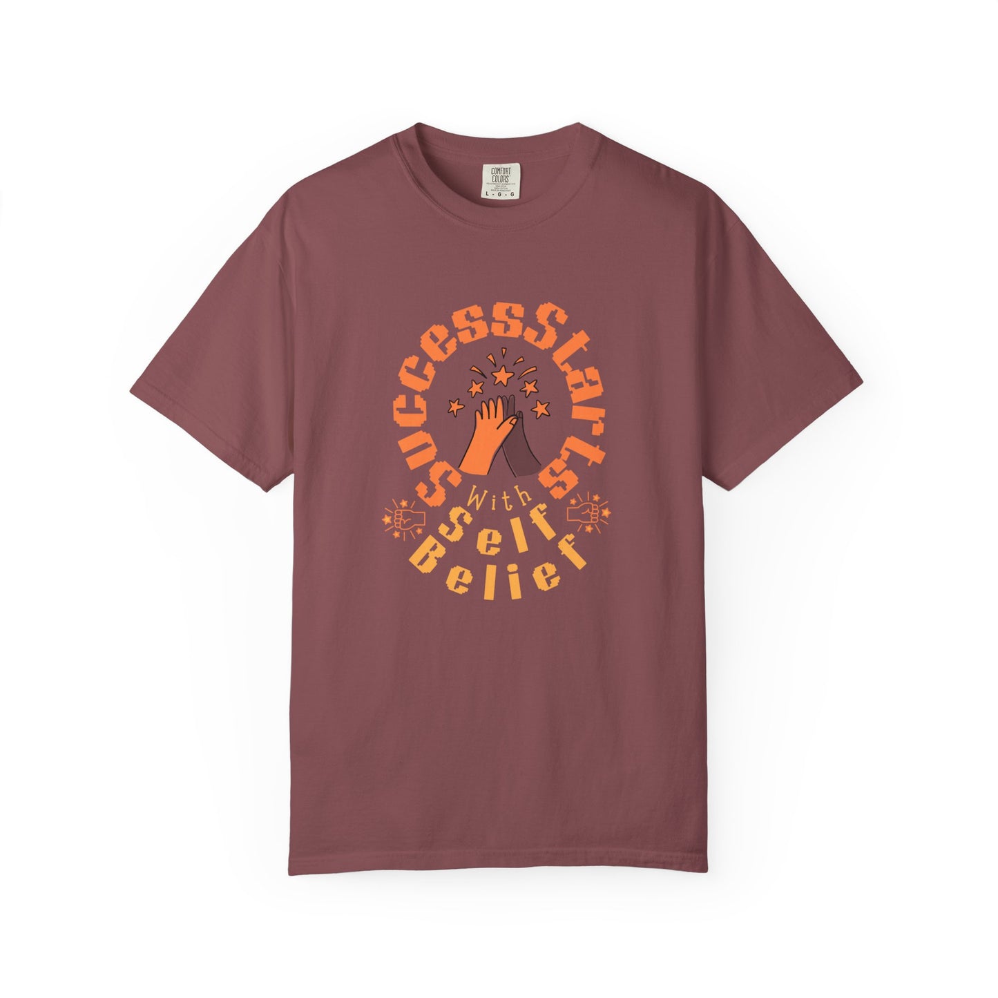 Maroon t-shirt with motivational graphic and text on a white background