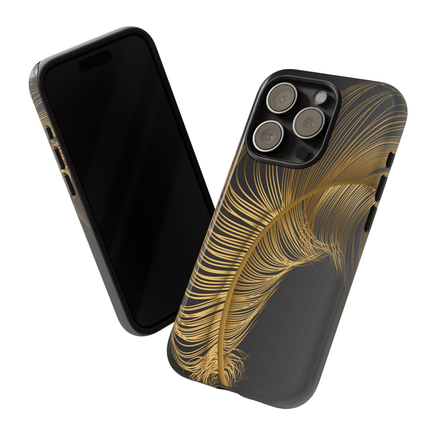 Phone case with gold feather design on black background