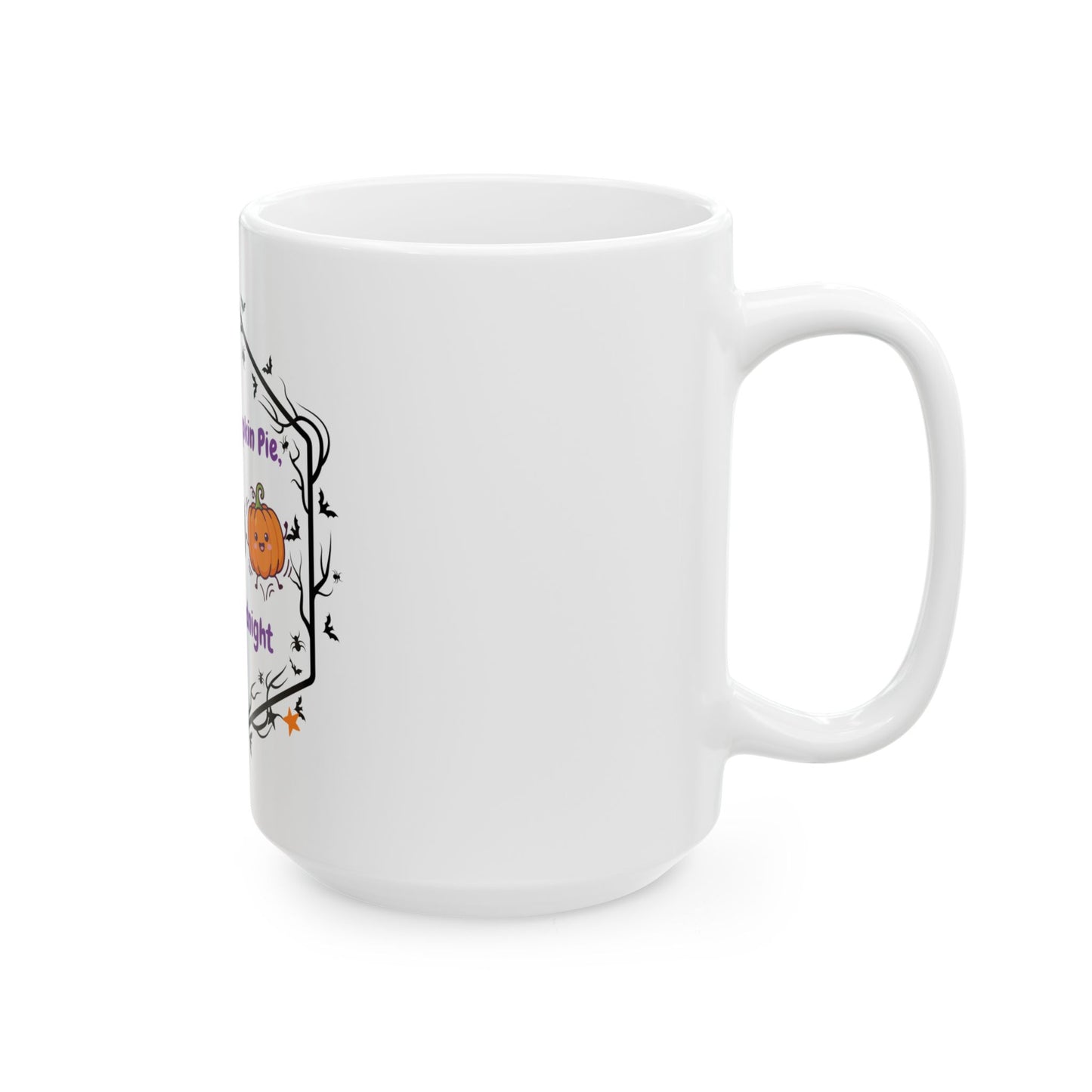 A white ceramic mug with a Halloween-themed graphic print featuring a small orange pumpkin, black bats, and purple text, shown on a clean white background.