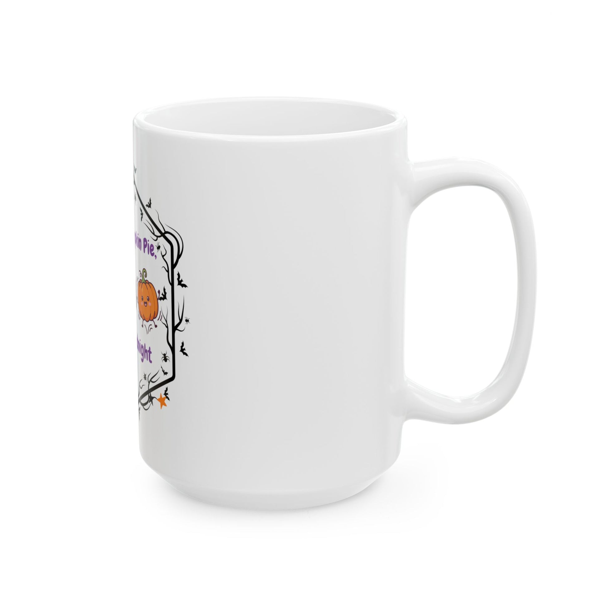 A white ceramic mug with a Halloween-themed graphic print featuring a small orange pumpkin, black bats, and purple text, shown on a clean white background.