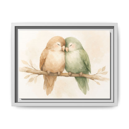 Framed artwork of two birds on a branch with a white border