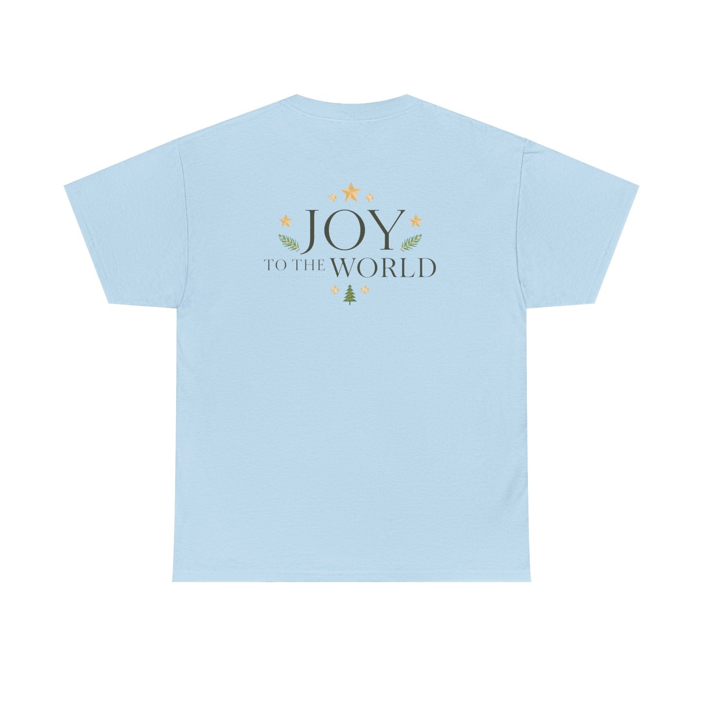 Minimalist Christmas T-shirt with golden stars and Joy to the World typography in elegant festive style