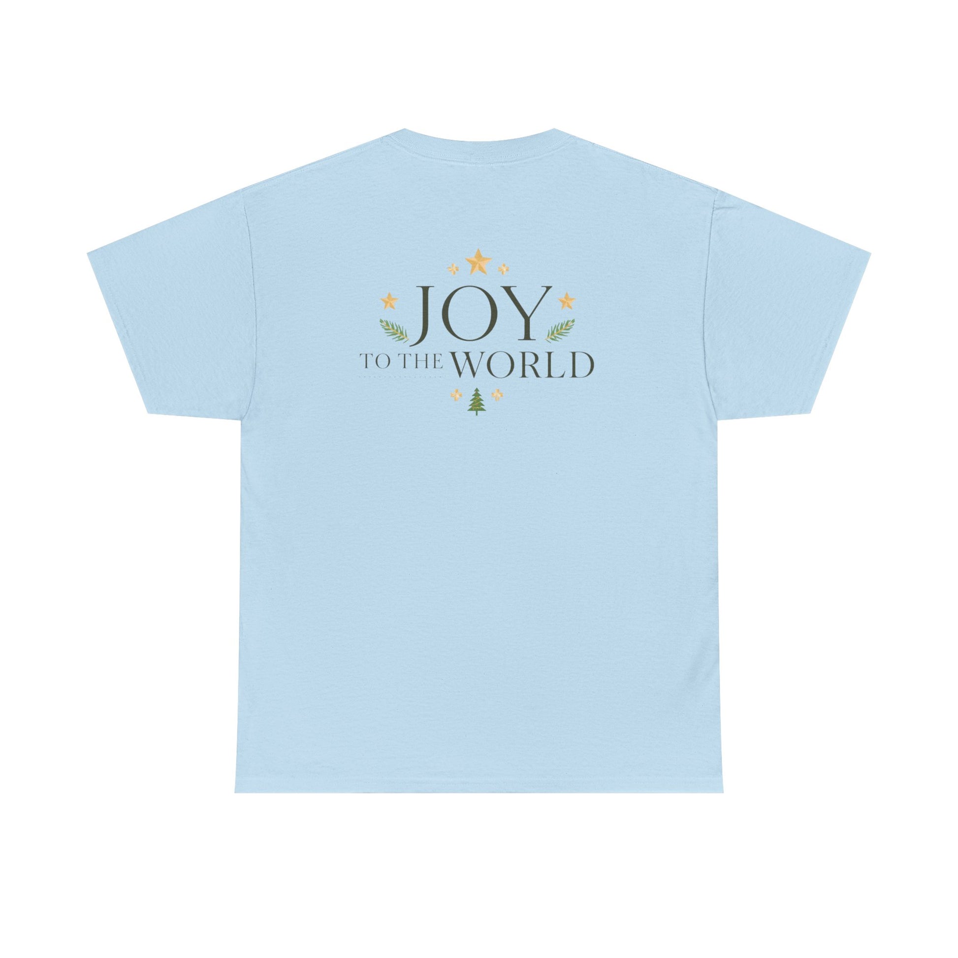 Minimalist Christmas T-shirt with golden stars and Joy to the World typography in elegant festive style