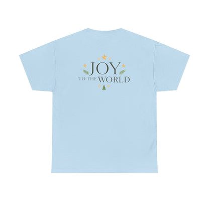 Minimalist Christmas T-shirt with golden stars and Joy to the World typography in elegant festive style