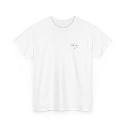Minimalist Christmas T-shirt with golden stars and Joy to the World typography in elegant festive style