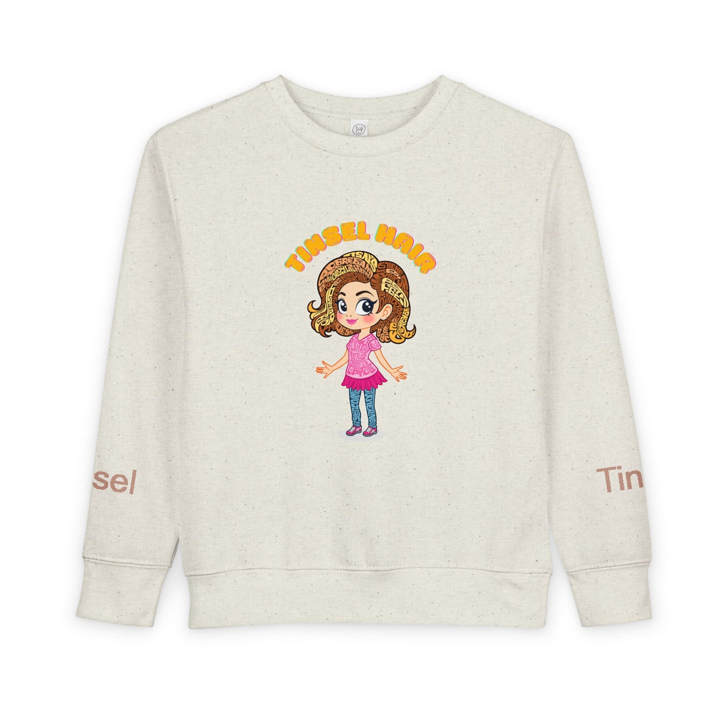 Beige sweatshirt with cartoon character and 'TinSEL' text on a white background