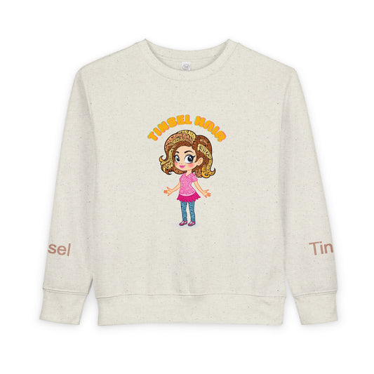 Beige sweatshirt with cartoon character and 'TinSEL' text on a white background