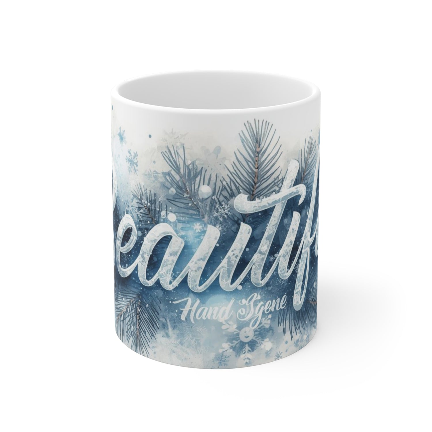 Mug with decorative design and text on a white background
