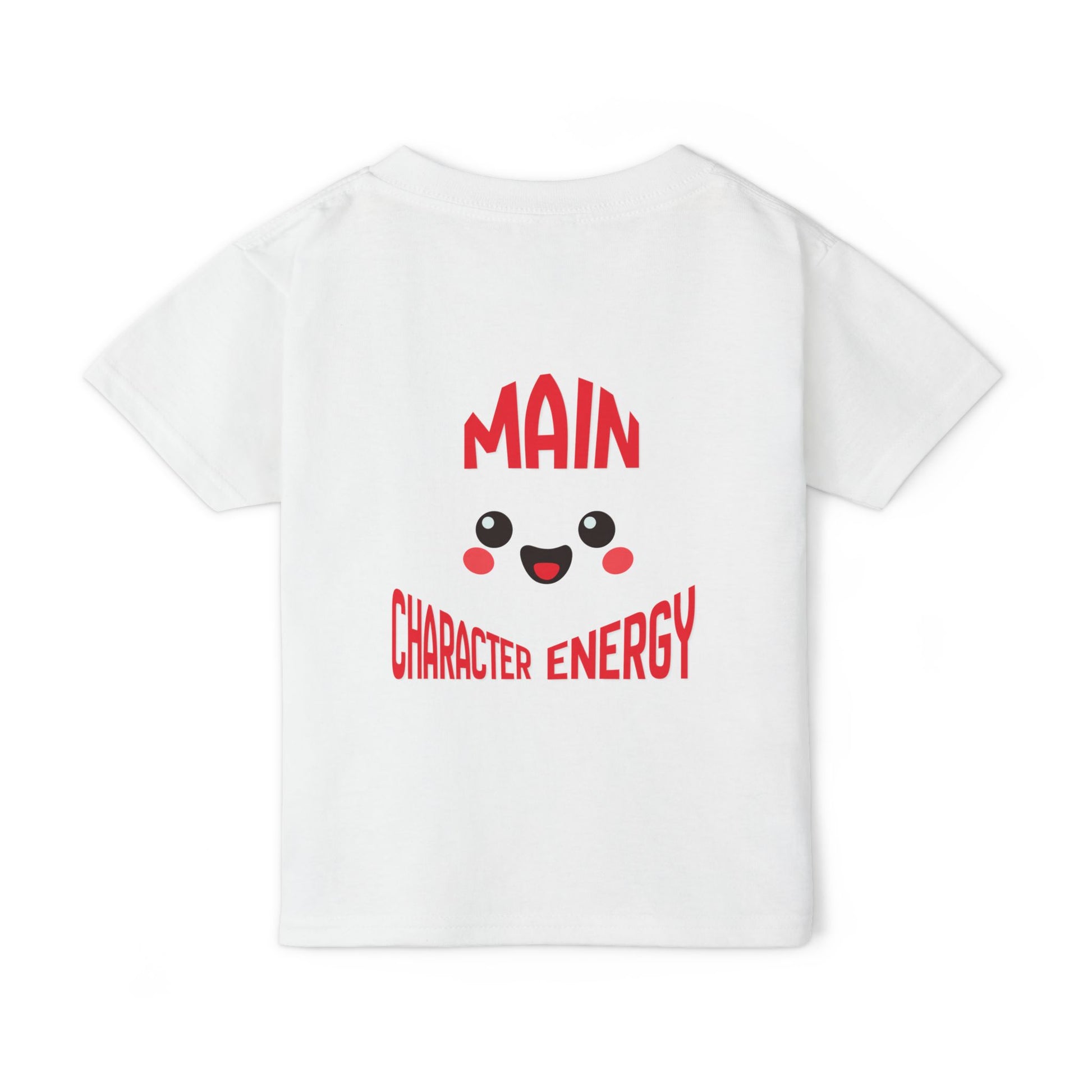 Kawaii smiley face with curved text Main Character Energy on the back of a baby t-shirt."
