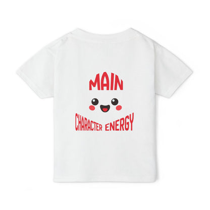 Kawaii smiley face with curved text Main Character Energy on the back of a baby t-shirt."