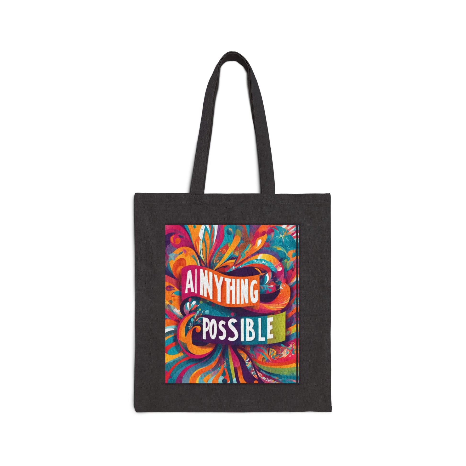 
Black tote bag with colorful design and text on a white background