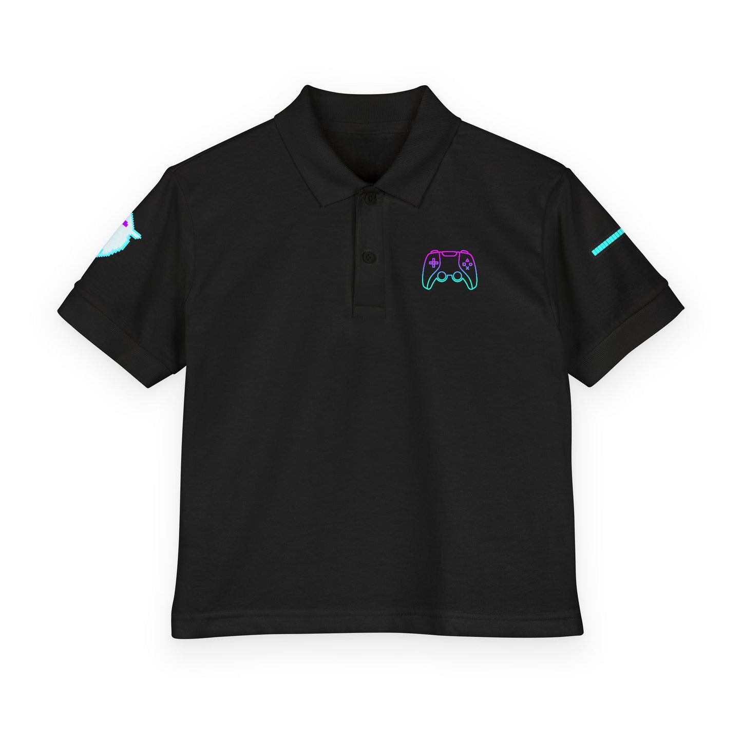 A black short-sleeve polo shirt with a small neon-style graphic on the left chest resembling a game controller, plus additional small graphics on both sleeves, shown on a plain white background.